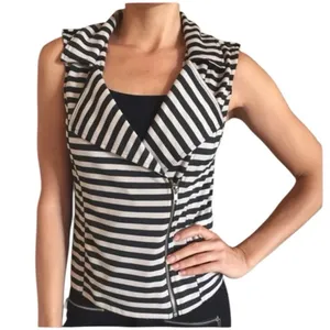 Xhilaration Vest Womens Size large Sleeveless W/ Zipper Striped cream black top thumbnail 1