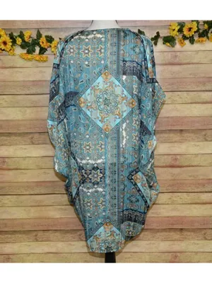 Umgee Womens S/M Blue Paisley Metallic Kimono Duster Boho Open Front Cardigan thumbnail 7
