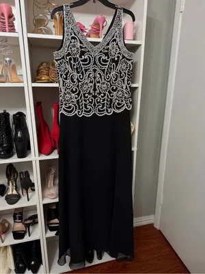 J Kara Black Maxi Dress with White Beaded Floral Bodice thumbnail 6