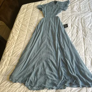 New Lulus Deep in my heart slate blue Swiss Dot cut out maxi dress size small thumbnail 4