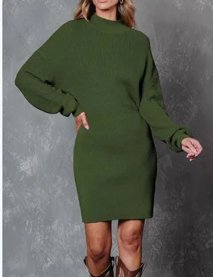 NEW Mock Neck Trendy Lantern Sleeve Ribbed Knit Bodycon Pullover Sweater Dress S thumbnail 5
