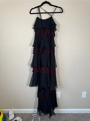 Vintage 90s Black Burgundy Lace Tiered Maxi Dress Womens S Whimsigoth Witchy thumbnail 13
