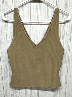 Womens Size L Babaton Beige Knit Ribbed V Neck Cropped Tank Wide Strap thumbnail 1