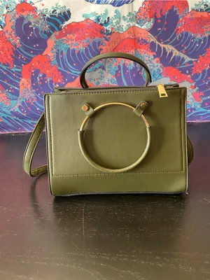 Olive Green Structured Top-Handle Women's Bag with Gold Accents thumbnail 2