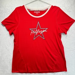 Tommy Hilfiger Red Ringer Tee with Navy & White Logo Star Cap Sleeves Slim Fit thumbnail 1