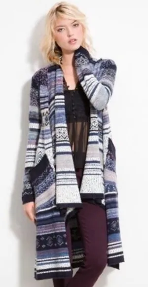 Free People Open-Front Knit Duster Cardigan Sweater Blue Multi boho bohemian XS thumbnail 1