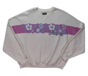 Playboy by PacSun White Surf Classic Hibiscus Floral Crewneck Sweatshirt Womens thumbnail 1