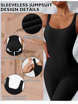 AURUZA Workout Jumpsuit for Women, Seamless Ribbed Yoga Unitard, Square Neck thumbnail 3