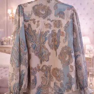 Lg Sheer Paisley Tie-Neck Blouse in Cream and Blue thumbnail 3