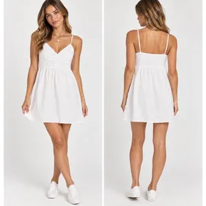 NWT Brandy Melville White Cotton Babydoll Mini Dress Lace Trim Button Front OS thumbnail 2