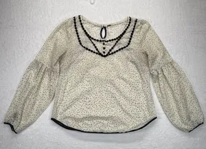 Free People Polka Dot Blouse Sheer Long Sleeve Top Black Trim‎ M READ thumbnail 1