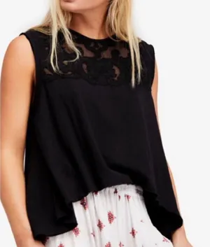 Free People‎ Meant To Be Swing Tank Top XS Charcoal Lace Mesh Yoke Sleeveless thumbnail 1