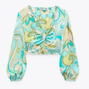 Zara Sea Green 70s Printed Retro Holly Crop Top thumbnail 1