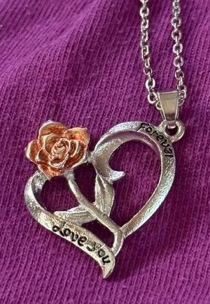 Sterling Silver Heart Necklace with Rose Gold Rose Accent 🌟 thumbnail 1