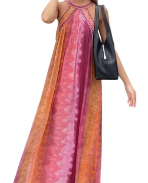Zara Pink Orange Tie Dye Sequin Halter Maxi Dress Bohemian Festival Size M thumbnail 1
