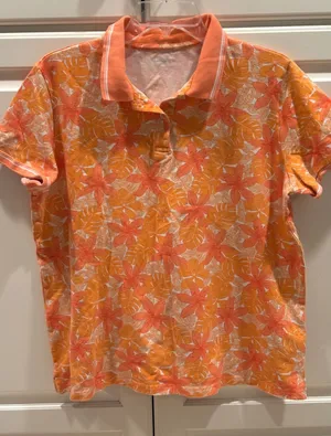 Lands End Womens Orange Tropical Floral Cotton Blend Short Sleeve Polo Shirt XL thumbnail 1