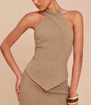 PRETTY LITTLE THING Khaki Textured Halterneck Tie Back Top thumbnail 1