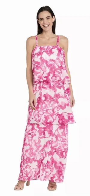 R & M Richards Womens Maxi Dress 20W Pink White Floral Popover Tiered 6661W thumbnail 1