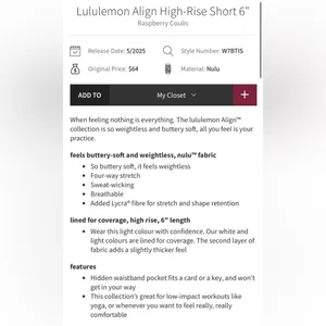 Lululemon NWT Align High Rise Short 6”Raspberry Coulis Size 10 thumbnail 4