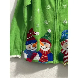 Tiara International Size M Green Christmas Sweater Snowmen Embellished Zip Front thumbnail 2