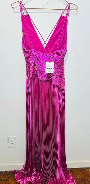 NWT AIIFOS Magenta Pink Surplice V-Neck Sleeveless Pleated Metallic Maxi Dress 2 thumbnail 1