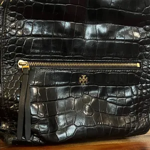 Tory Burch Croc Embossed Black Leather Mini Backpack Purse Gold Logo Casual Luxe thumbnail 5