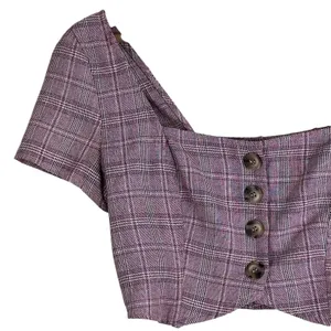 Cotton Candy LA Plaid Square Neck Crop Top Purple Dark Academia Smocked Size M thumbnail 3