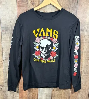 Vans Off The Wall Medium Black Skull Floral Graphic Long Sleeve T-Shirt thumbnail 1