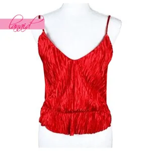 Crinkle Effect Peplum Tank Red Shiny Silk Satin V-Neck Cami Camisole Top M thumbnail 4
