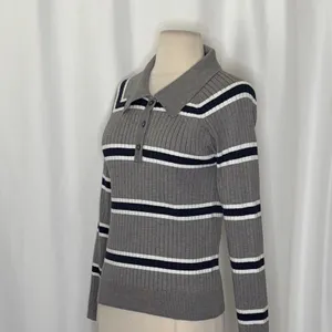 BOHME Striped Polo Henley Sweater Gray Navy Blue White Buttons Pullover Large thumbnail 6