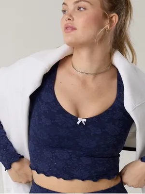 OFFLINE by Aerie Treat Yourself Navy Floral Eyelet Lace Crop Long Sleeve Top M thumbnail 4