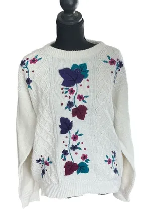 Vintage 90's Cottagecore Grandma cable knit‎ sweater embroidered floral Large thumbnail 1