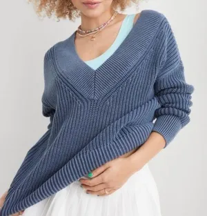 Aerie Blue Knit V Neck Oversized Relaxed Sweater Size XS thumbnail 1