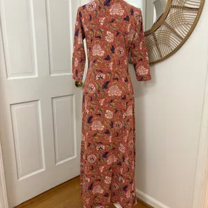 Peruvian Connection Floral Fit Flare Maxi Dress‎ Sz M Art Nouveau Boho Earthy thumbnail 3