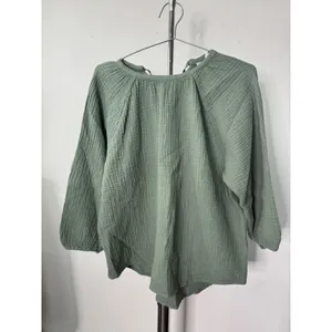 Alice Walk Top Green Organic Cotton Gauze Tie Back Long Sleeve Blouse M thumbnail 2