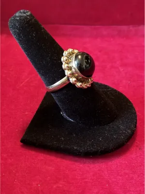 Vintage style Silver Tone Black Onyx Style Beaded Halo Cocktail Statement Ring thumbnail 2
