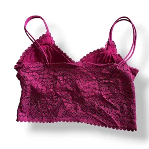 Maroon Floral Lace Bralette Crop Top Double Spaghetti Strap V-Neck Scalloped thumbnail 4