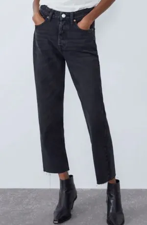 Woman Premium Denim Collection Black Raw Hem Straight Leg Cropped Jeans 6 thumbnail 1