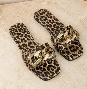 Women’s Leopard Print Gold Chain Slide Sandals Square Toe Flats NWT thumbnail 1