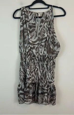 ZARA | Blue Brown Animal Print Halter Neck Smocked Chiffon Mini Dress Medium thumbnail 7