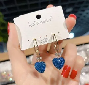 Women's Blue Diamond Love Heart Dangle Drop Earrings thumbnail 1