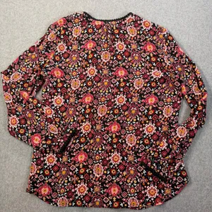 LOFT Women's Medium Black Red Pom Pom Trim Long Sleeve Blouse Top Keyhole thumbnail 11