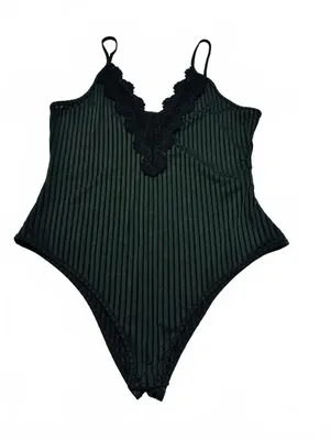 SHEIN Curve 1XL Black Lace Trim Striped Bodysuit thumbnail 1