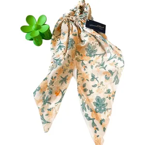 Universal Threads Green Floral Scrunchie Ribbon Hair Tie & Claw Clip Set Cottage thumbnail 4