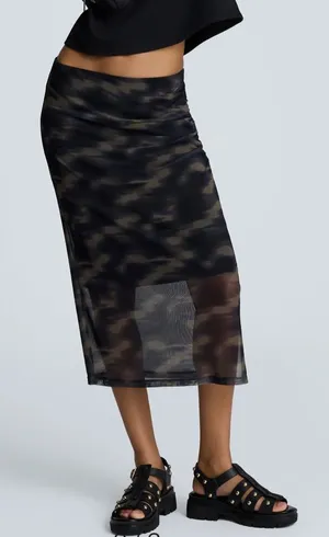 NEW Kenneth Cole Medium Pull-On Mesh Midi Skirt Ruched Black Olive thumbnail 1