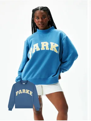 NEW Parke Heritage Varsity Mock neck Washed Indigo + Peel Sweatshirt Size S/M thumbnail 1