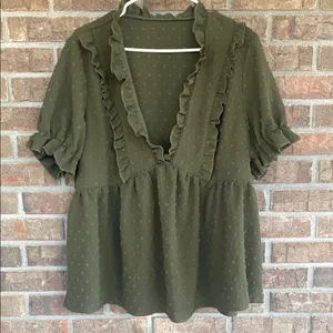 SHEIN Olive Ruffle V-Neck Blouse thumbnail 1