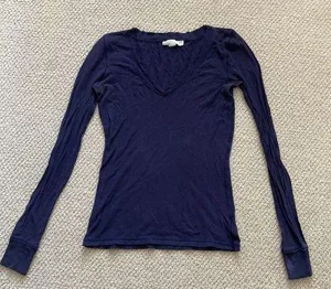 Bella Swan Fitted Long Sleeve Shirt Navy Blue Y2K Indie Sleaze V-Neck Cotton S thumbnail 1