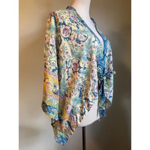 Do Everything In Love Floral Paisley tie top kimono‎ Yellow Blue One Size boho whimsi flowy crop shirt thumbnail 2