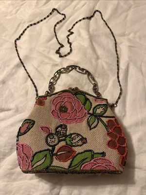Beaded Floral Clutch Wristlet in Pink and Green thumbnail 2